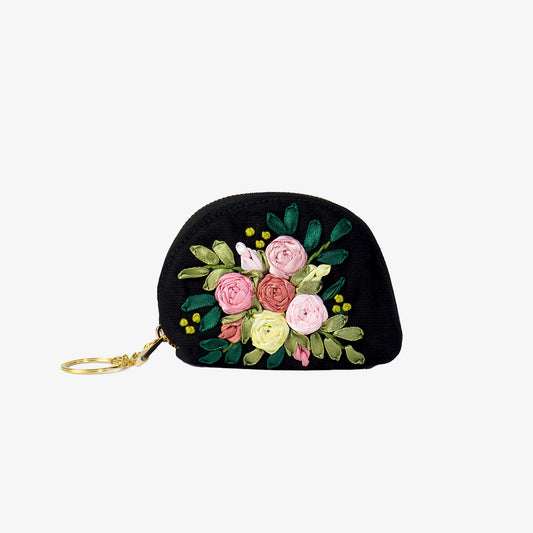 Green Bouquet Embroidery Mini Keychain Wallet