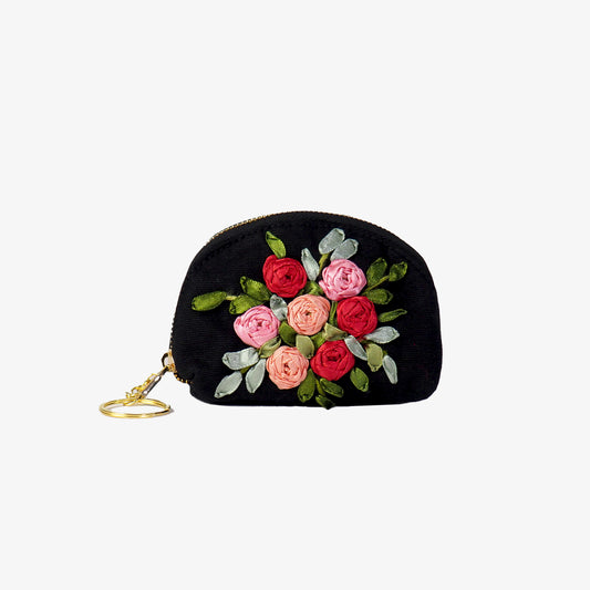 Red Rose Embroidery Mini Keychain Wallet