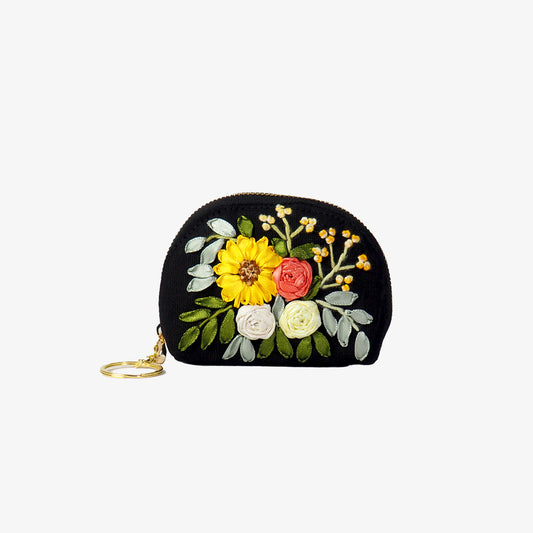 Yellow Bouquet Embroidery Mini Keychain Wallet