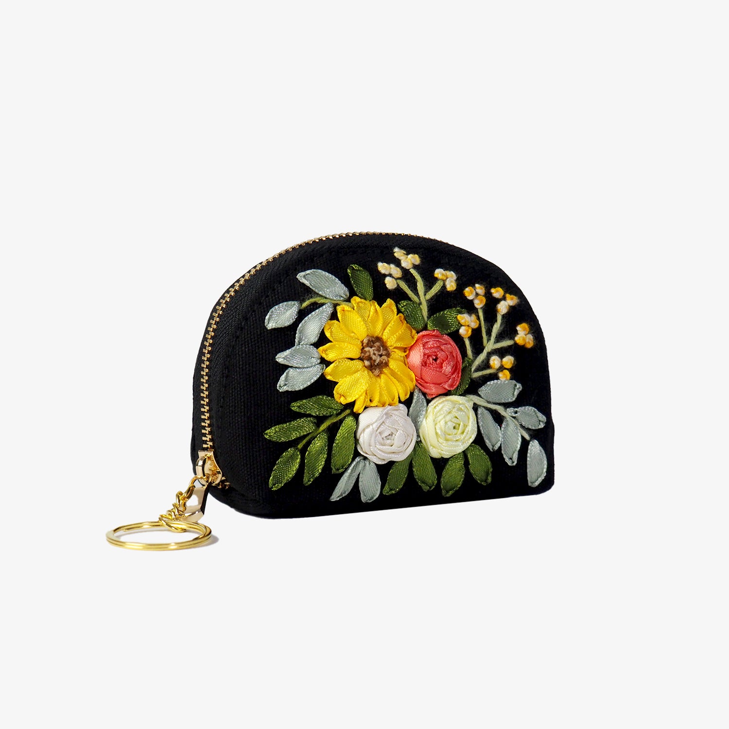 Yellow Bouquet Embroidery Mini Keychain Wallet