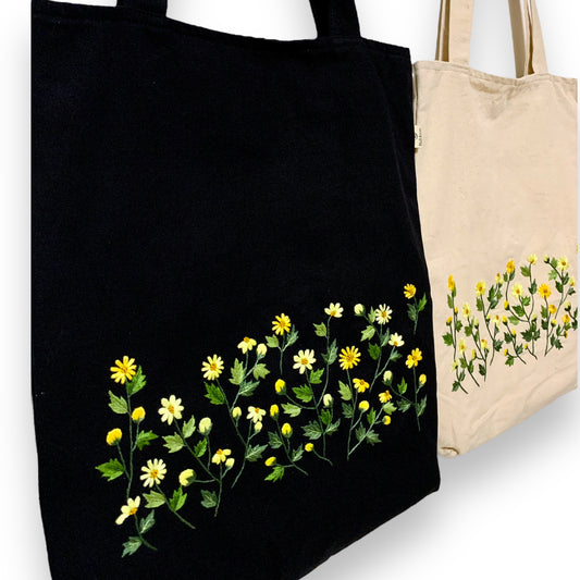 Yellow Daisy Embroidery Tote Bag