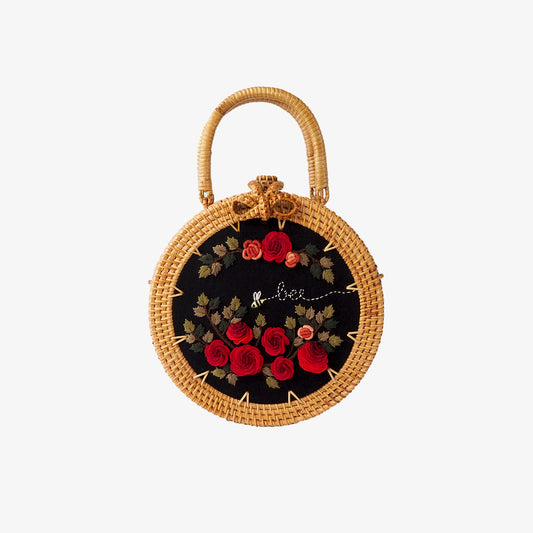 Red Rose Embroidered Rattan Bag
