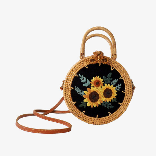 Sunflowers Embroidered Rattan Bag