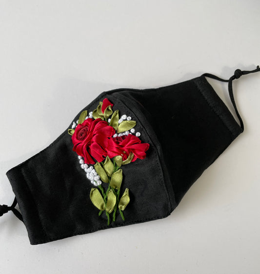 Red Floral Embroidered Face Mask With Nose Wire