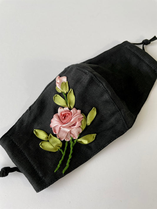Pink Floral Embroidered Face Mask With Nose Wire