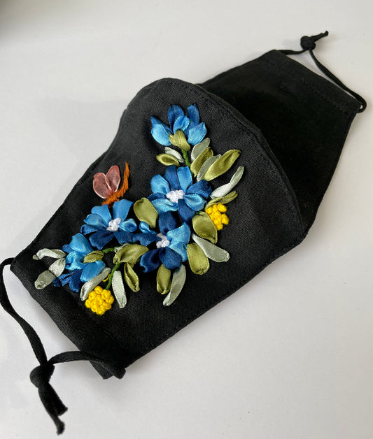 Blue Floral Embroidered Face Mask With Nose Wire