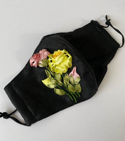 Yellow Roses Embroidered Face Mask With Nose Wire