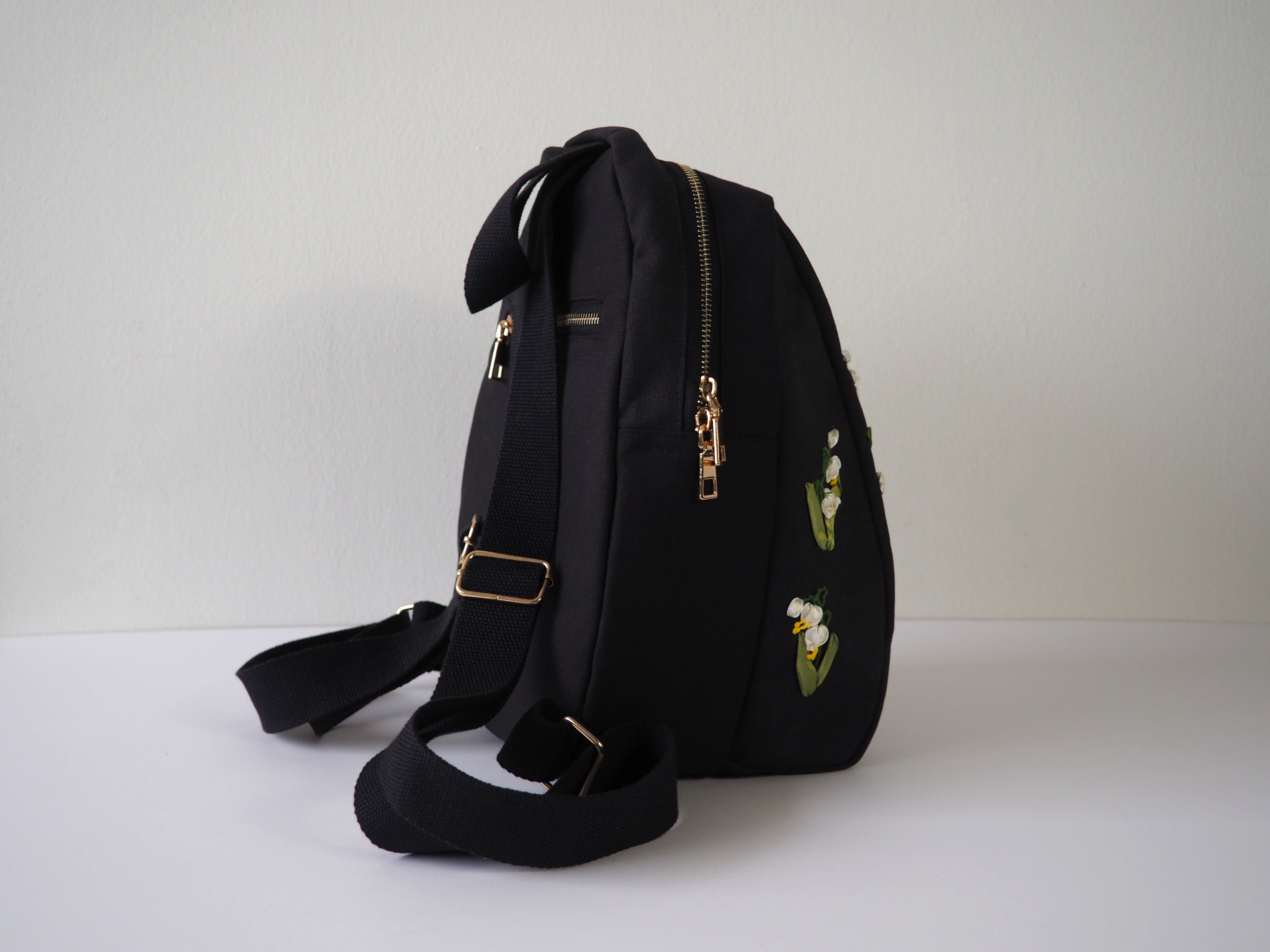 Lily of The Valley Embroidery Black Backpack