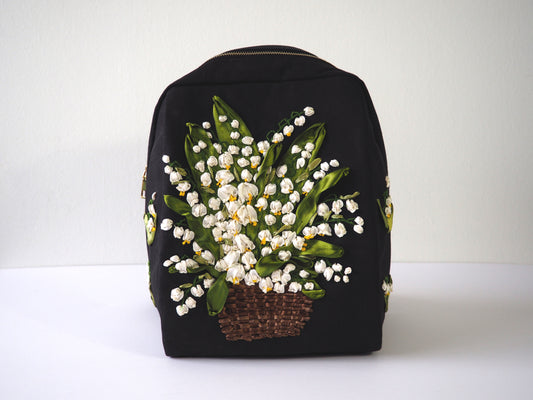 Lily of The Valley Embroidery Black Backpack