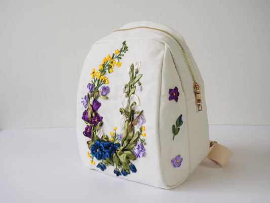 Wild Flower Embroidered White Backpack