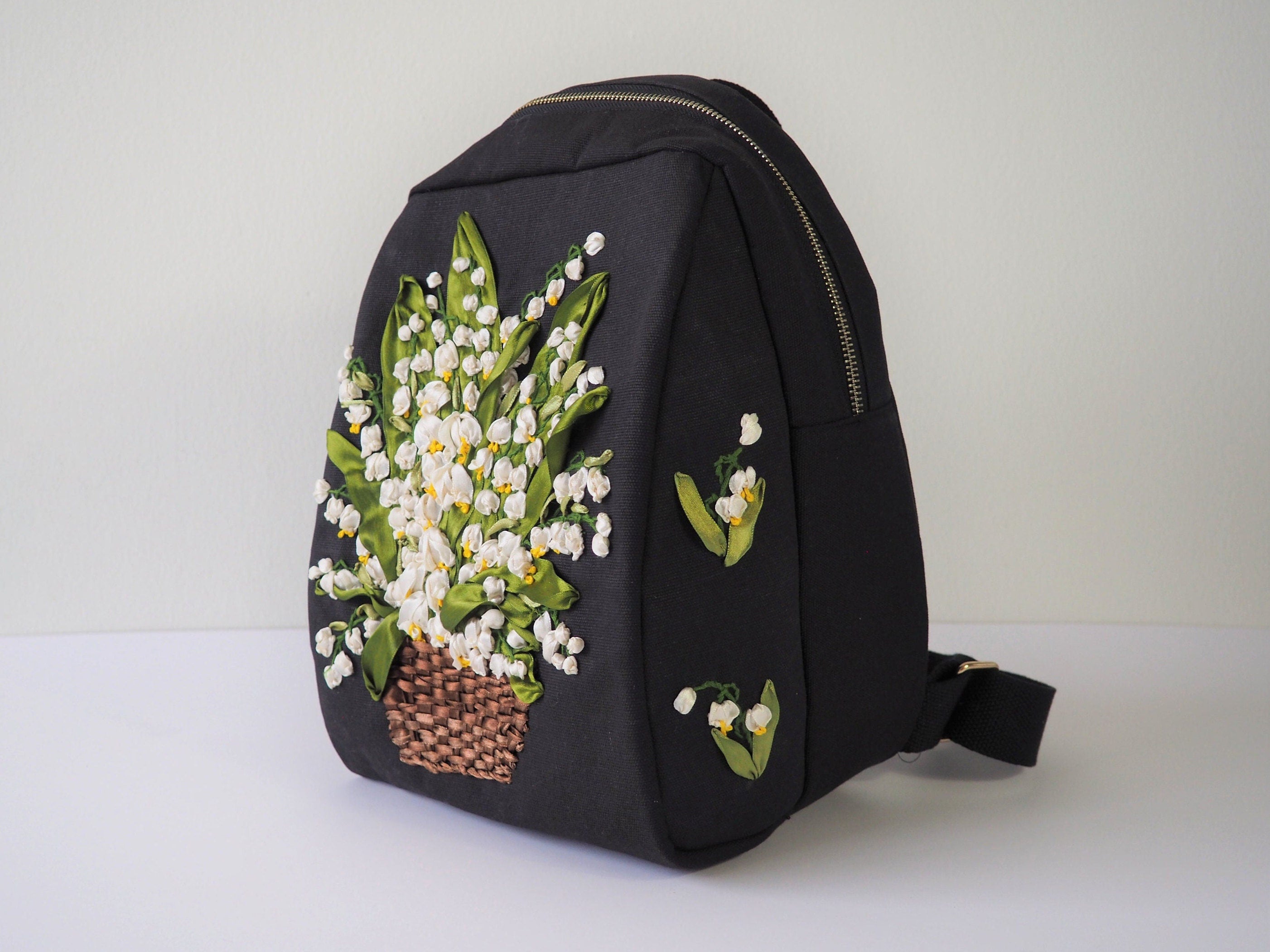 Lily of The Valley Embroidery Black Backpack