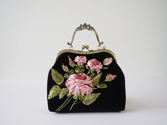 Pink Rose Velvet Embroidered Clutch Bag